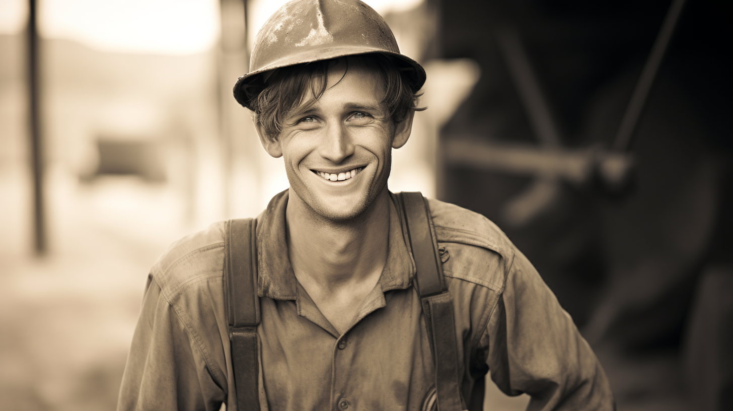 American gold miner smiling at the camera. classic stye photograph